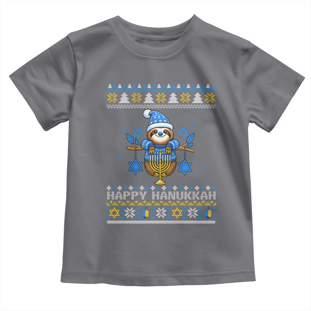Happy Hanukkah Ugly Sweater Toddler T Shirt Funny Sloth Carrying Menorah Jewish Gift - Wonder Print Shop