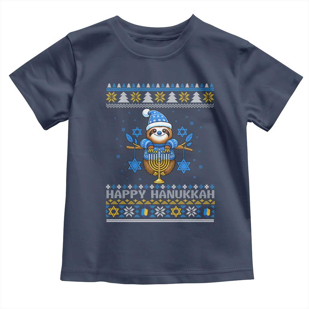 Happy Hanukkah Ugly Sweater Toddler T Shirt Funny Sloth Carrying Menorah Jewish Gift - Wonder Print Shop