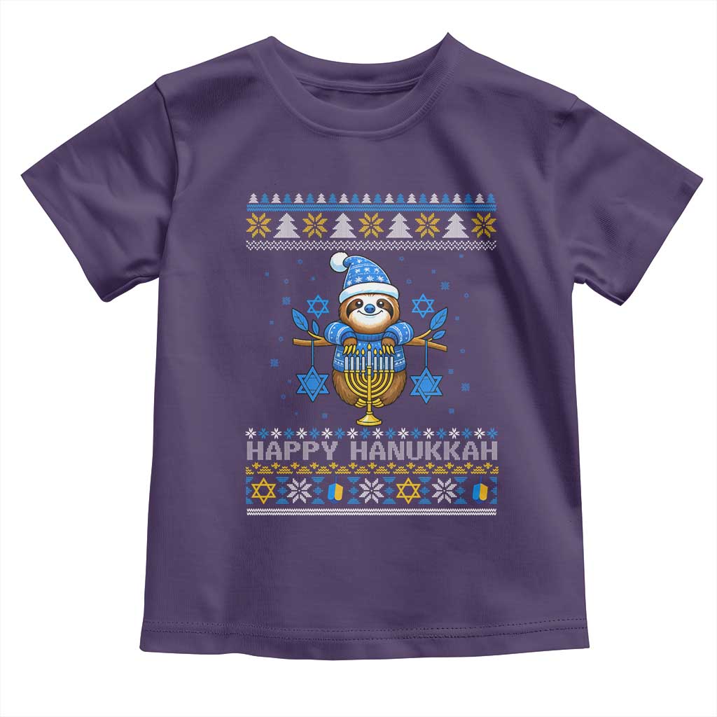 Happy Hanukkah Ugly Sweater Toddler T Shirt Funny Sloth Carrying Menorah Jewish Gift - Wonder Print Shop