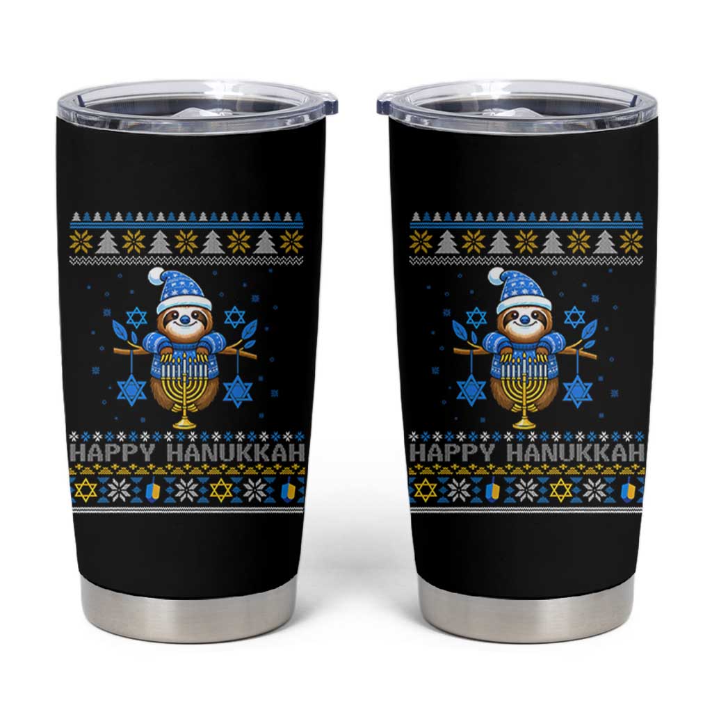 Happy Hanukkah Ugly Sweater Tumbler Cup Funny Sloth Carrying Menorah Jewish Gift - Wonder Print Shop