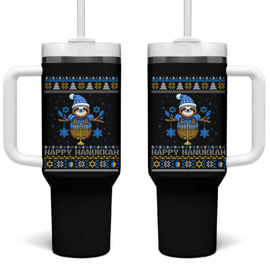 Happy Hanukkah Ugly Sweater Tumbler With Handle Funny Sloth Carrying Menorah Jewish Gift - Wonder Print Shop