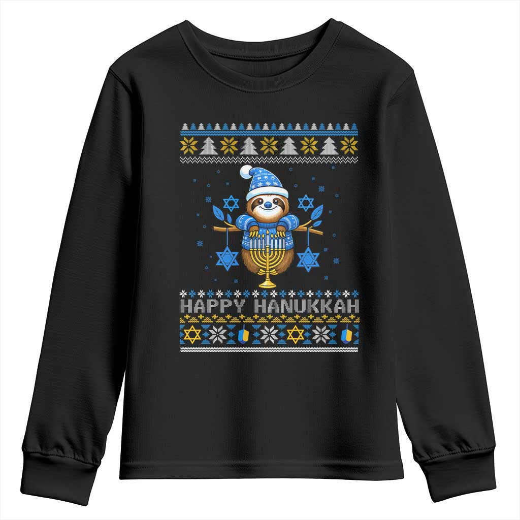 Happy Hanukkah Ugly Sweater Youth Sweatshirt Funny Sloth Carrying Menorah Jewish Gift - Wonder Print Shop