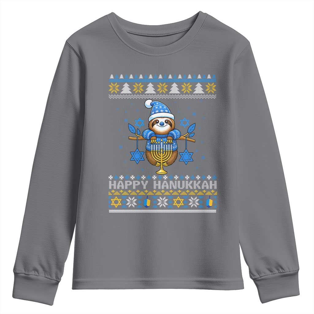 Happy Hanukkah Ugly Sweater Youth Sweatshirt Funny Sloth Carrying Menorah Jewish Gift - Wonder Print Shop