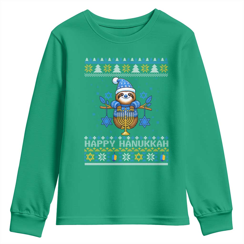 Happy Hanukkah Ugly Sweater Youth Sweatshirt Funny Sloth Carrying Menorah Jewish Gift - Wonder Print Shop
