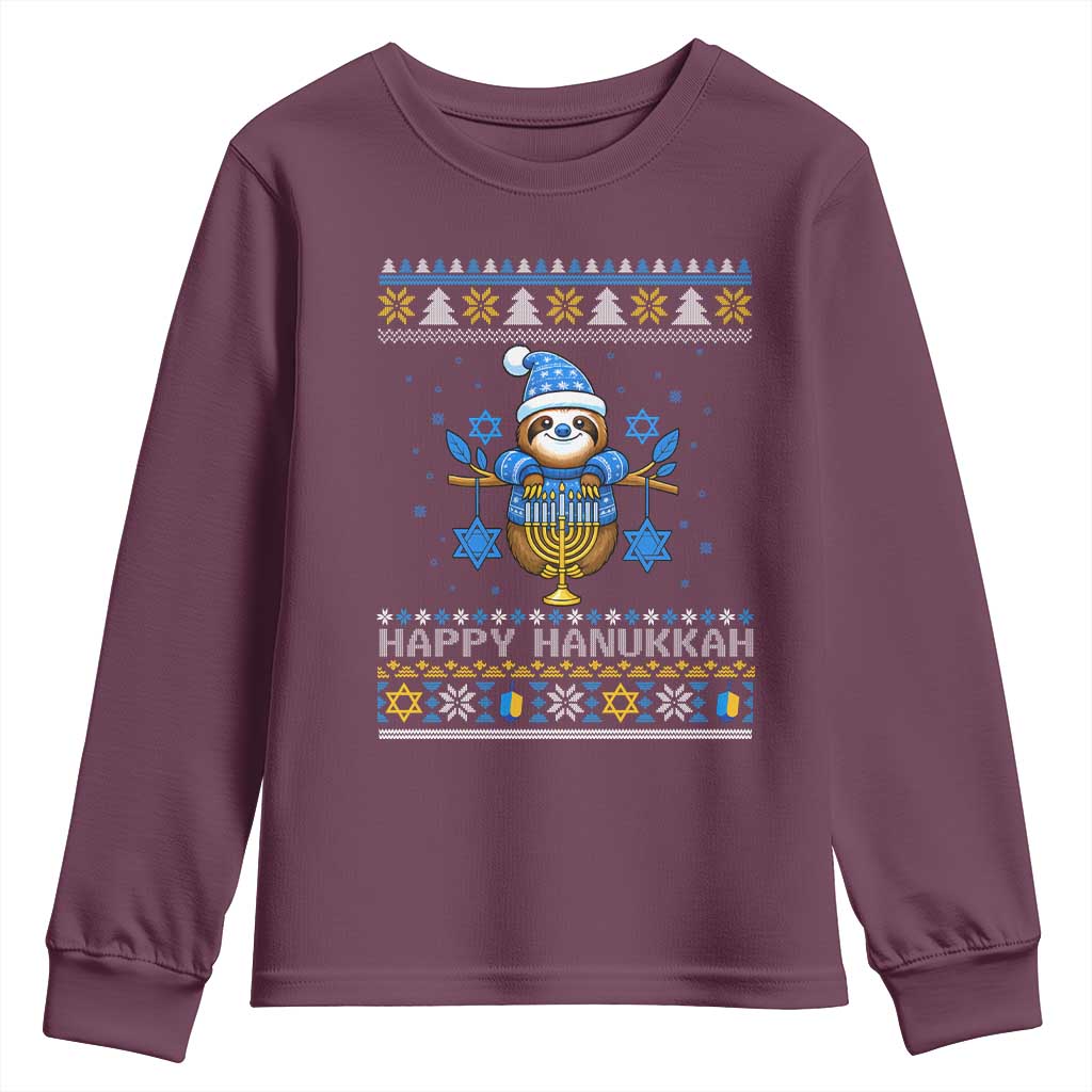 Happy Hanukkah Ugly Sweater Youth Sweatshirt Funny Sloth Carrying Menorah Jewish Gift - Wonder Print Shop