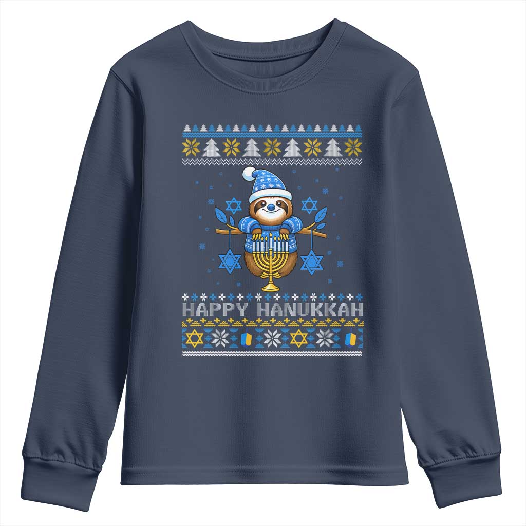 Happy Hanukkah Ugly Sweater Youth Sweatshirt Funny Sloth Carrying Menorah Jewish Gift - Wonder Print Shop