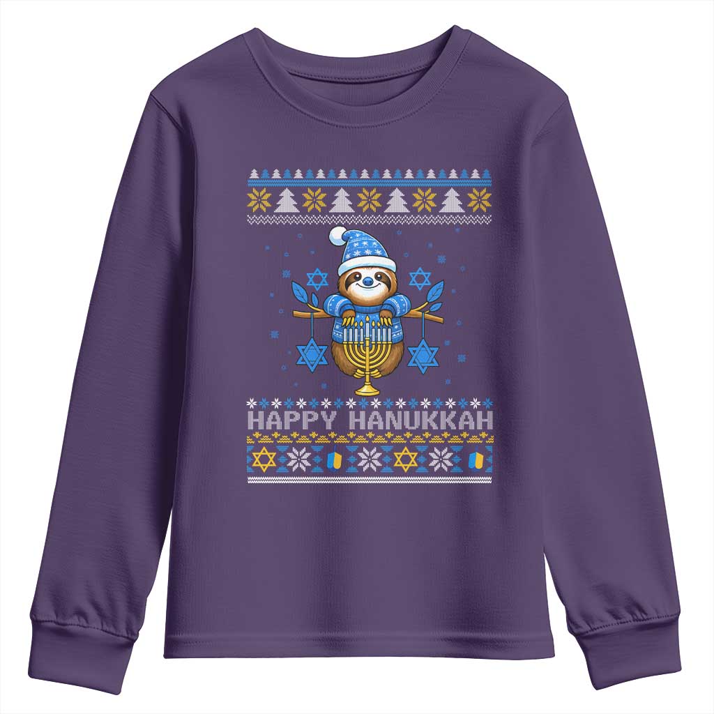 Happy Hanukkah Ugly Sweater Youth Sweatshirt Funny Sloth Carrying Menorah Jewish Gift - Wonder Print Shop