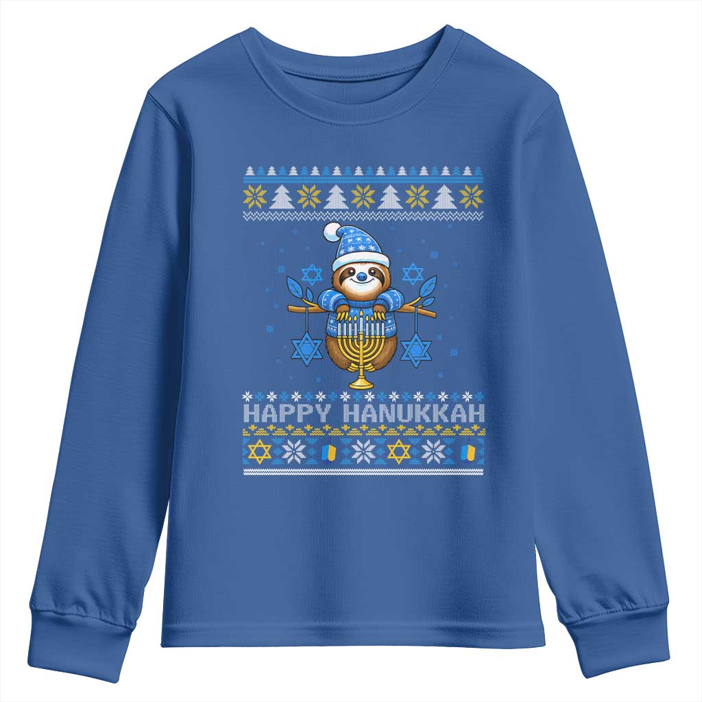 Happy Hanukkah Ugly Sweater Youth Sweatshirt Funny Sloth Carrying Menorah Jewish Gift - Wonder Print Shop