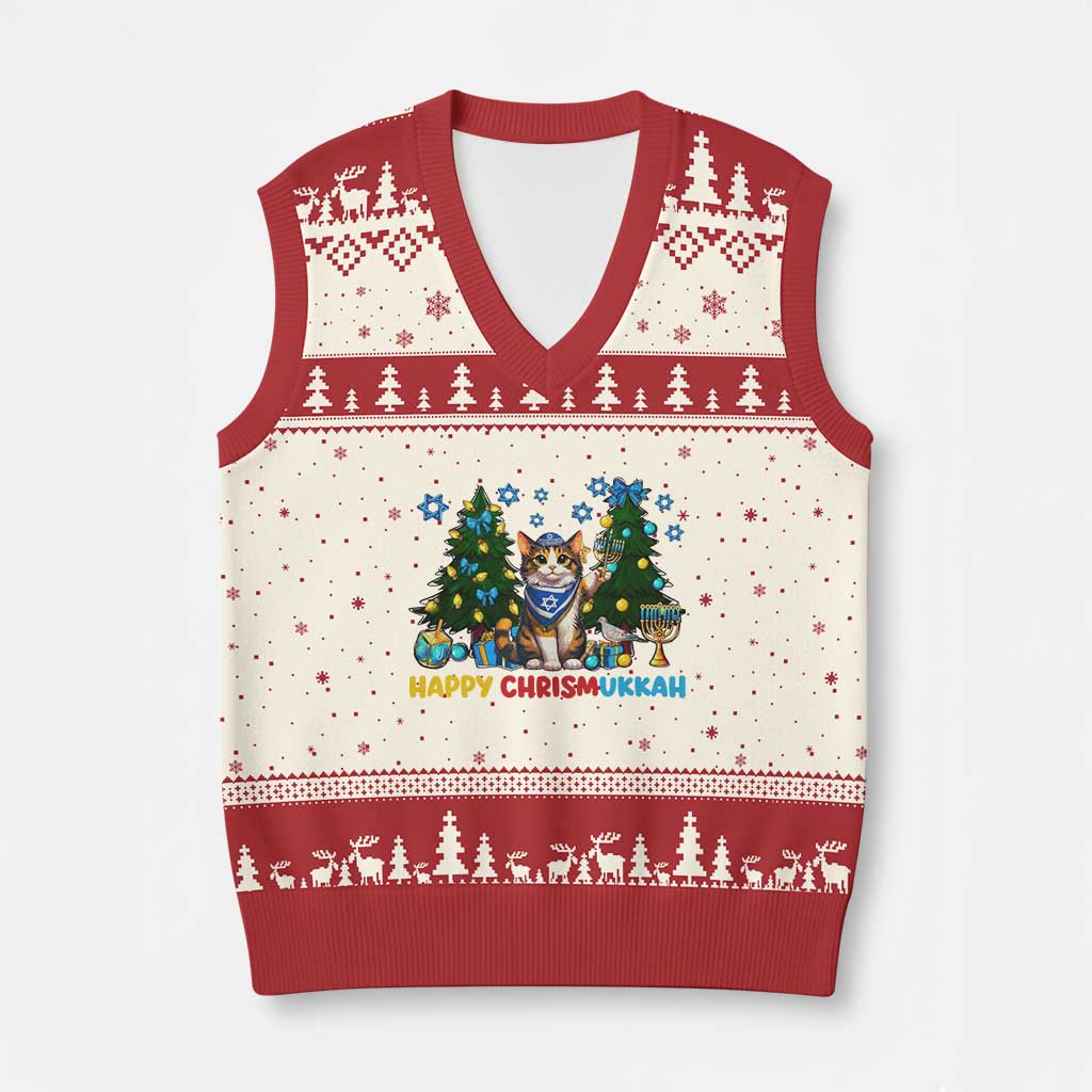 Happy Chrismukkah V-Neck Knit Sweater Vest Funny Xmas Hanukkah Cat Lover Gift - Wonder Print Shop