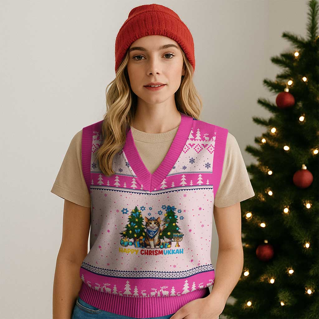 Happy Chrismukkah V-Neck Knit Sweater Vest Funny Xmas Hanukkah Cat Lover Gift - Wonder Print Shop