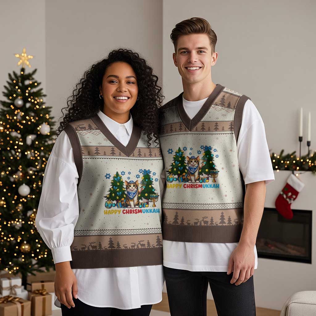 Happy Chrismukkah V-Neck Knit Sweater Vest Funny Xmas Hanukkah Cat Lover Gift - Wonder Print Shop