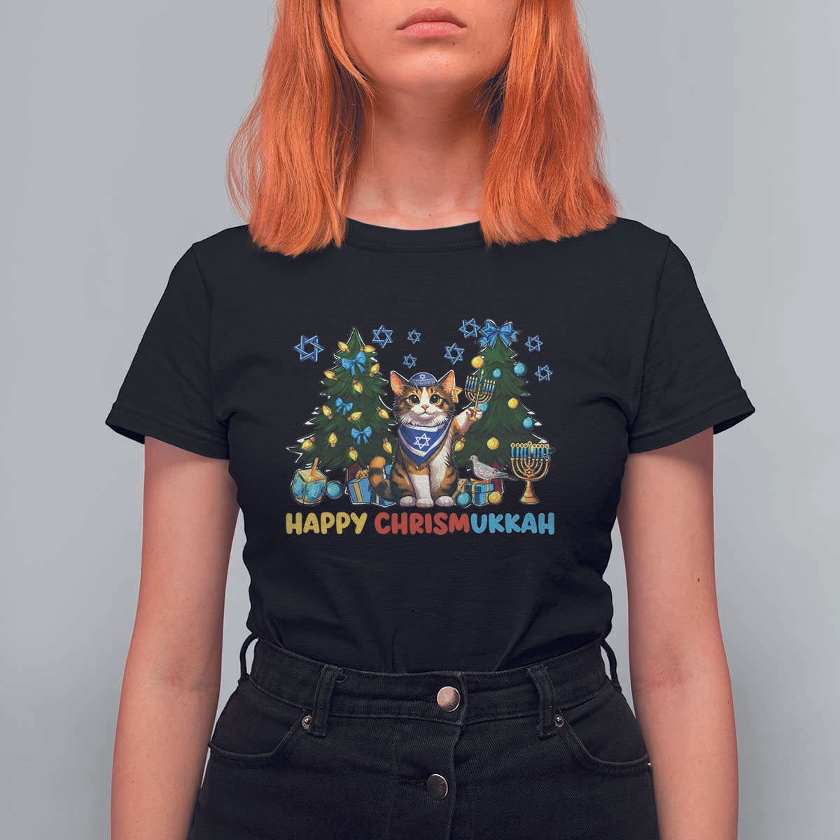Happy Chrismukkah T Shirt For Women Funny Christmas Hanukkah Cat Lover Gift - Wonder Print Shop