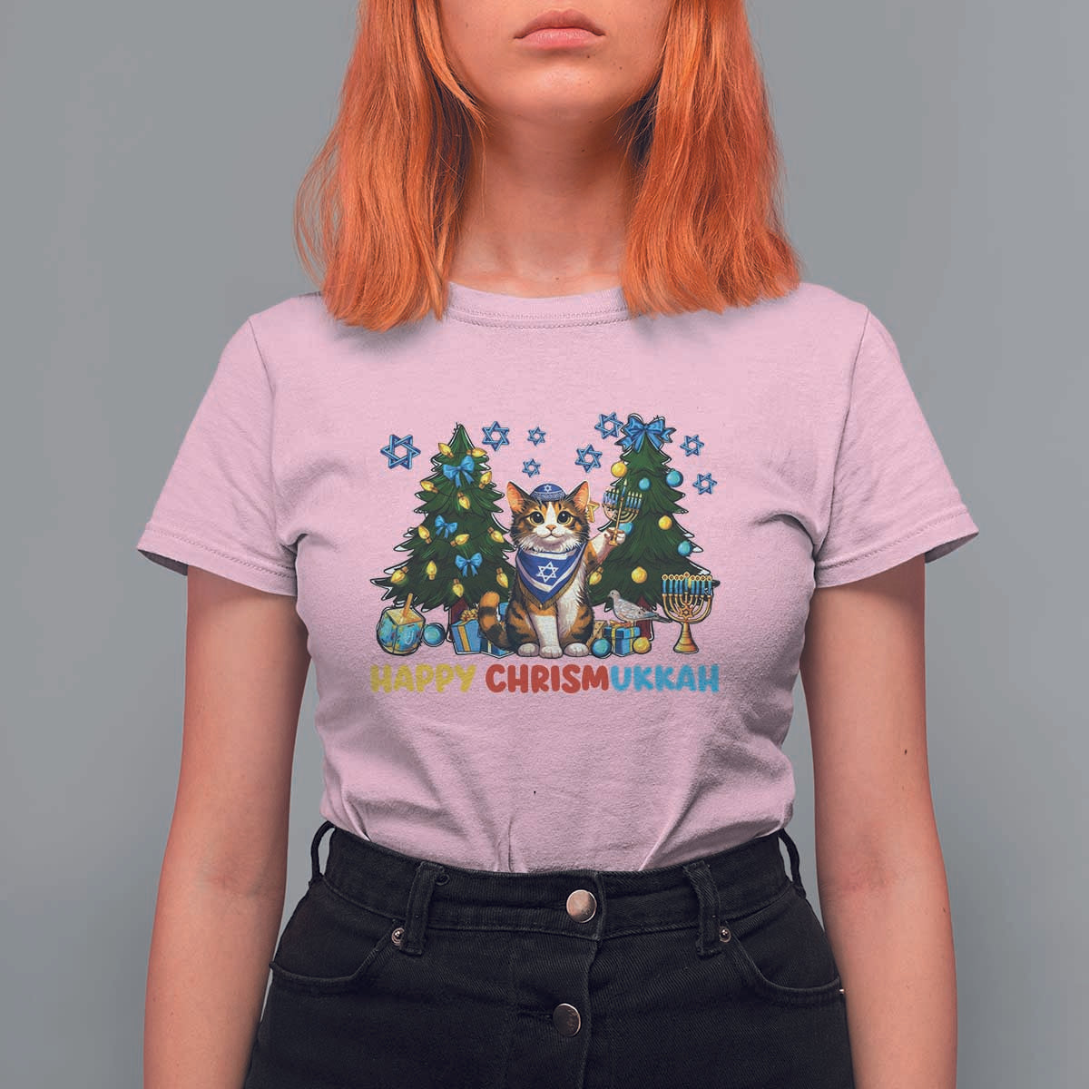Happy Chrismukkah T Shirt For Women Funny Christmas Hanukkah Cat Lover Gift - Wonder Print Shop