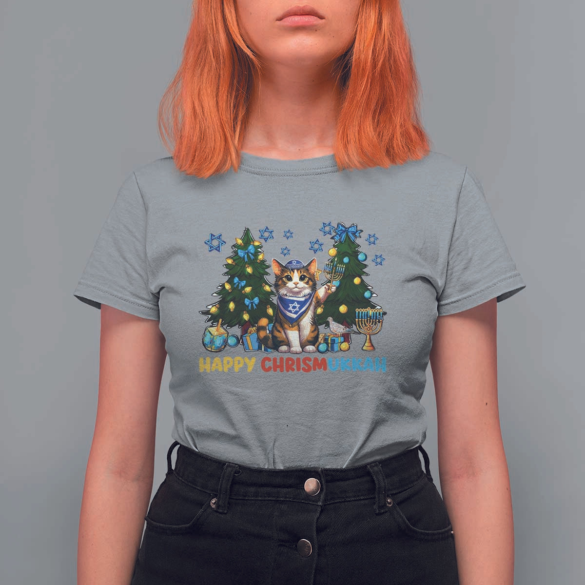 Happy Chrismukkah T Shirt For Women Funny Christmas Hanukkah Cat Lover Gift - Wonder Print Shop