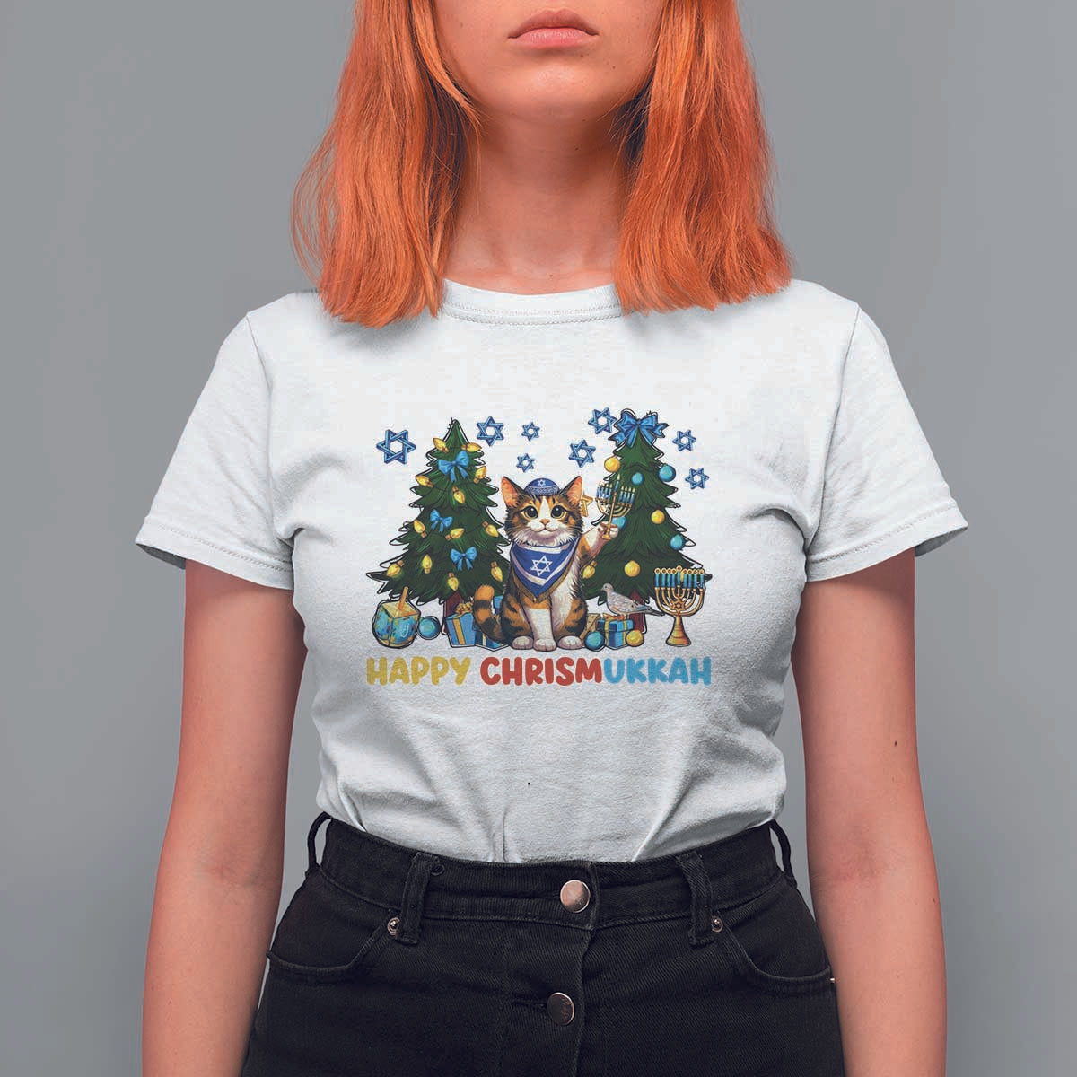 Happy Chrismukkah T Shirt For Women Funny Christmas Hanukkah Cat Lover Gift - Wonder Print Shop