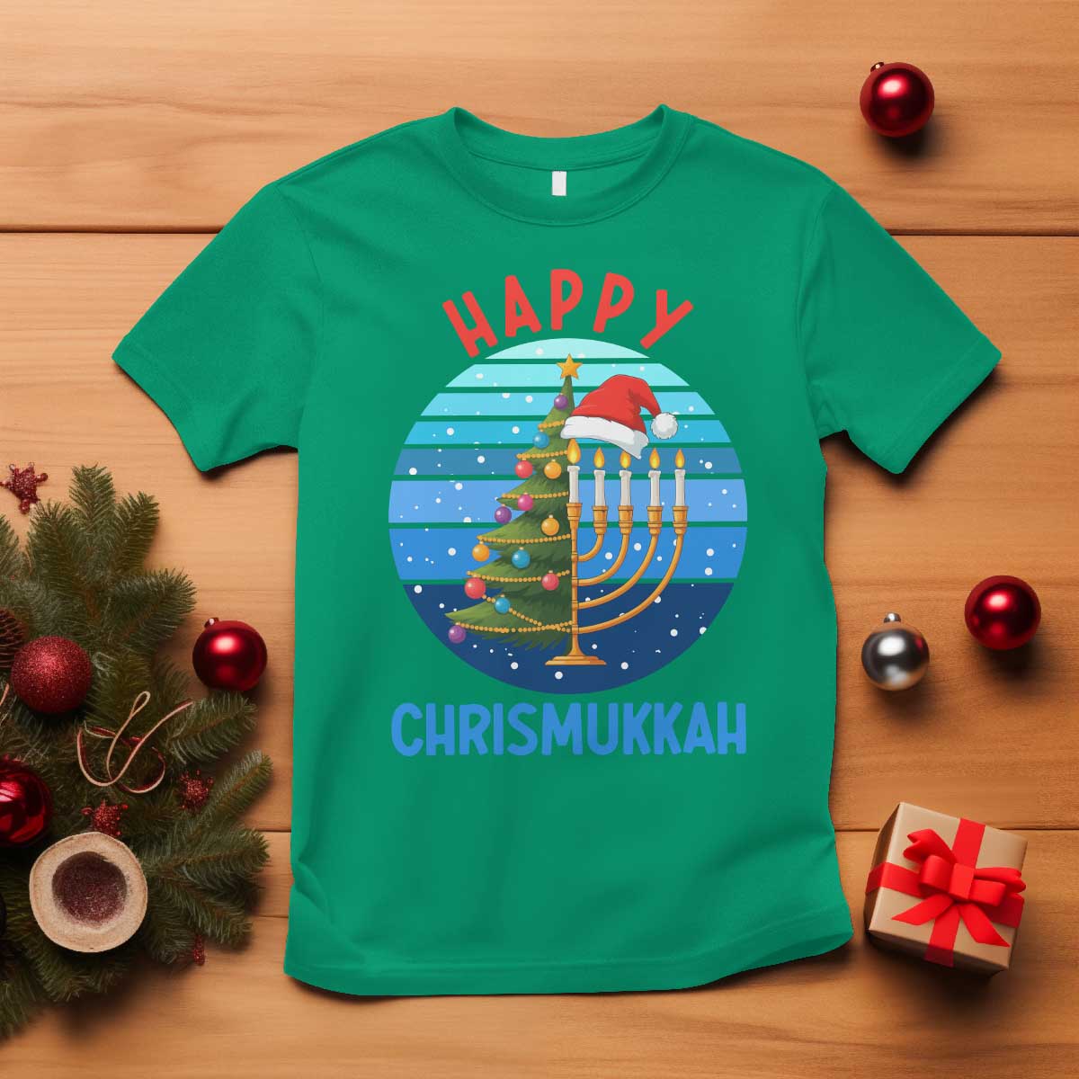 Happy Chrismukkah T Shirt Menorah Candle Christmas Tree Holiday Jewish Gift - Wonder Print Shop