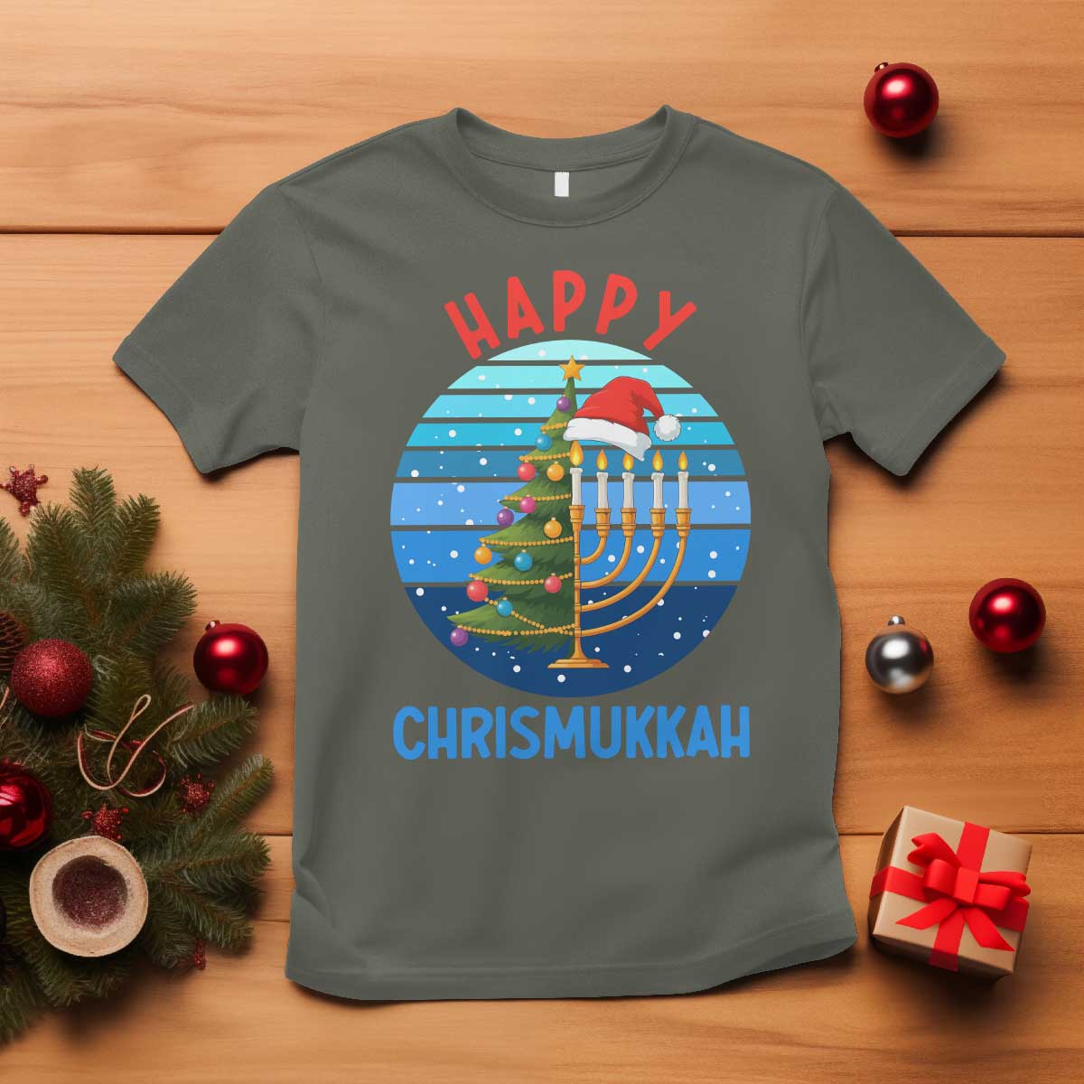 Happy Chrismukkah T Shirt Menorah Candle Christmas Tree Holiday Jewish Gift - Wonder Print Shop