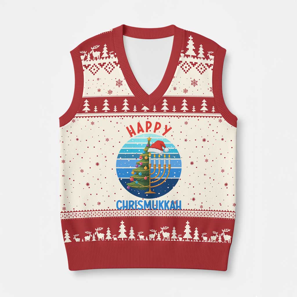 Happy Chrismukkah V-Neck Knit Sweater Vest Menorah Candle Xmas Tree Holiday Jewish Gift - Wonder Print Shop