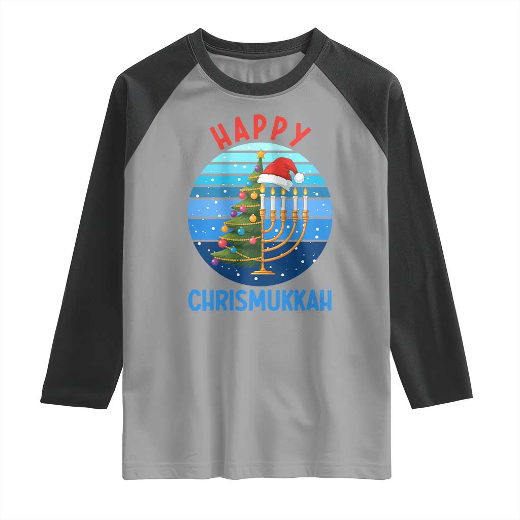 Happy Chrismukkah Raglan Shirt Menorah Candle Christmas Tree Holiday Jewish Gift - Wonder Print Shop