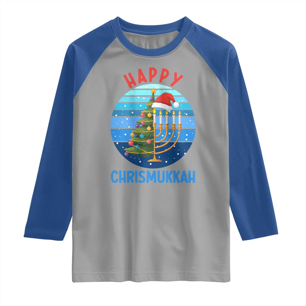 Happy Chrismukkah Raglan Shirt Menorah Candle Christmas Tree Holiday Jewish Gift - Wonder Print Shop