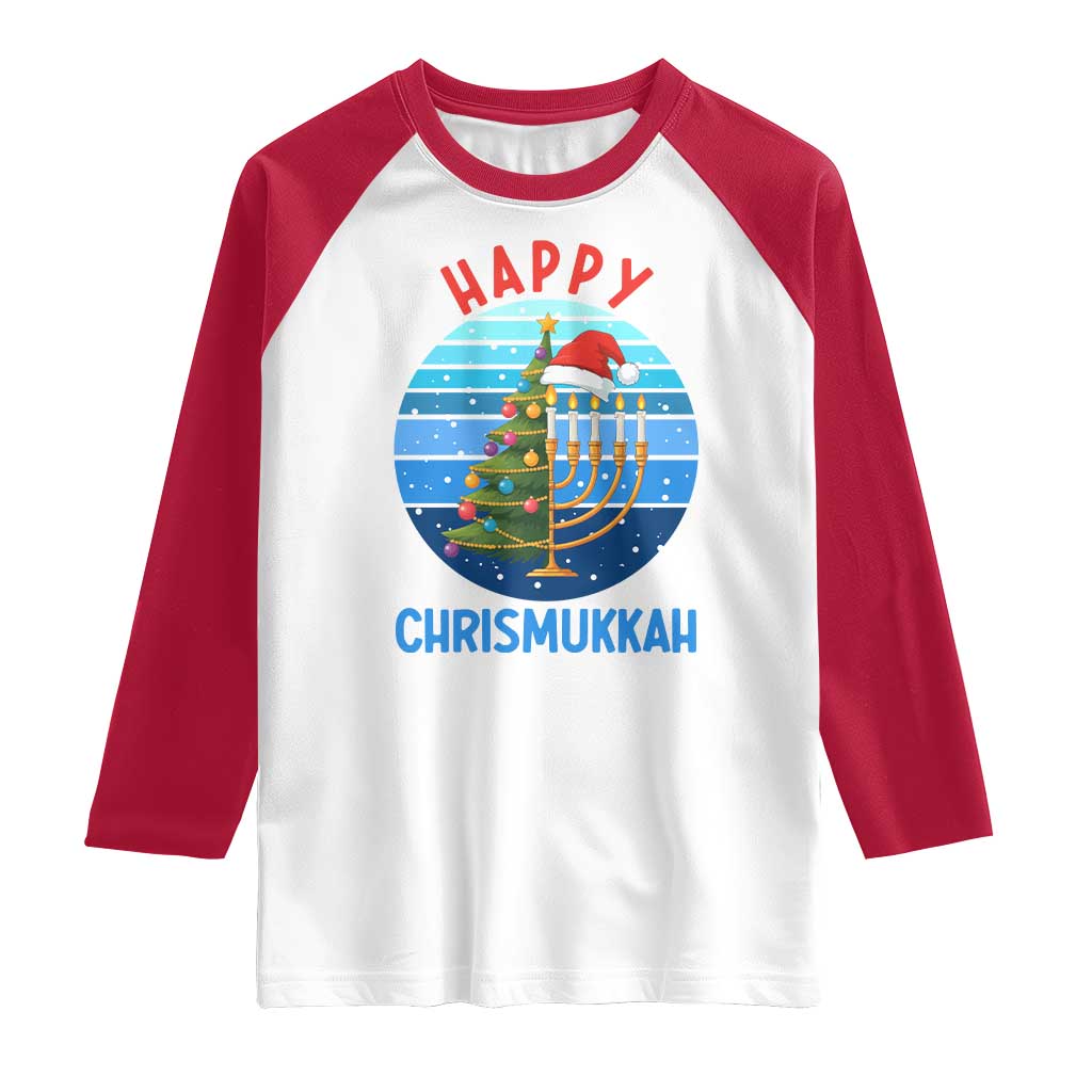 Happy Chrismukkah Raglan Shirt Menorah Candle Christmas Tree Holiday Jewish Gift - Wonder Print Shop