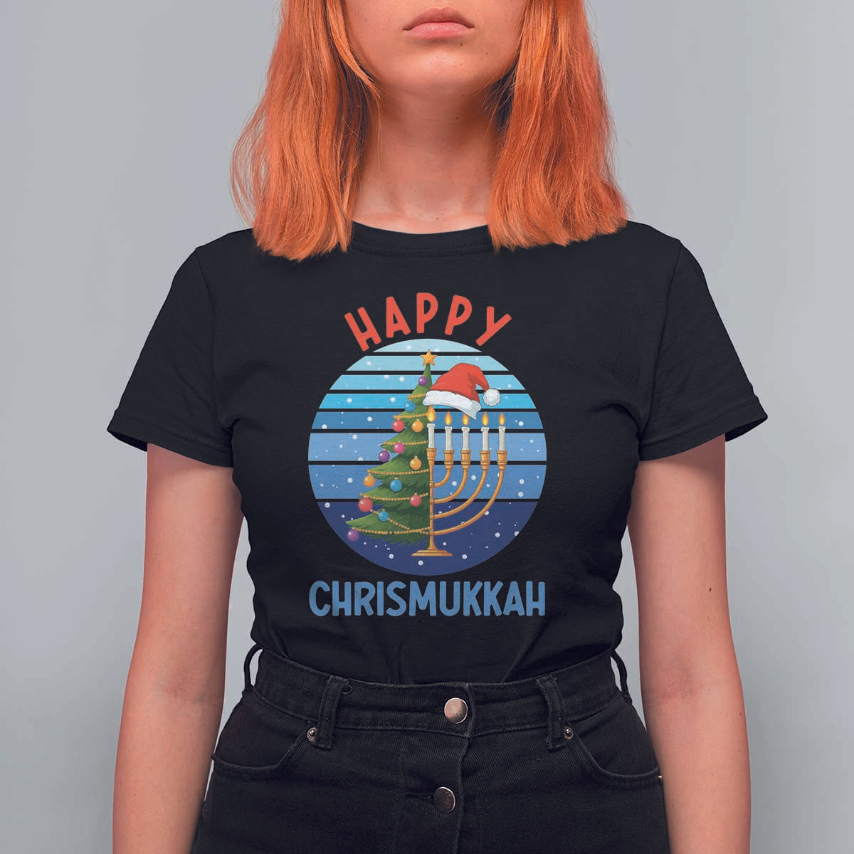 Happy Chrismukkah T Shirt For Women Menorah Candle Christmas Tree Holiday Jewish Gift - Wonder Print Shop