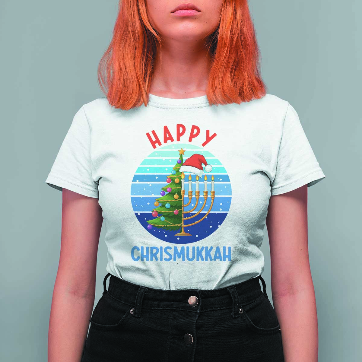 Happy Chrismukkah T Shirt For Women Menorah Candle Christmas Tree Holiday Jewish Gift - Wonder Print Shop