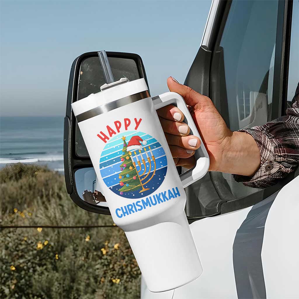 Happy Chrismukkah Tumbler With Handle Menorah Candle Christmas Tree Holiday Jewish Gift - Wonder Print Shop