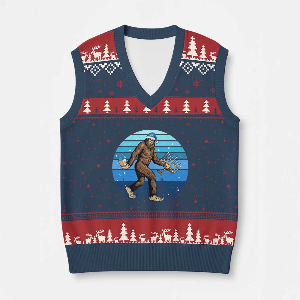 Funny Xmas Hanukkah Bigfoot Lover V-Neck Knit Sweater Vest Jewish Holiday Gift - Wonder Print Shop