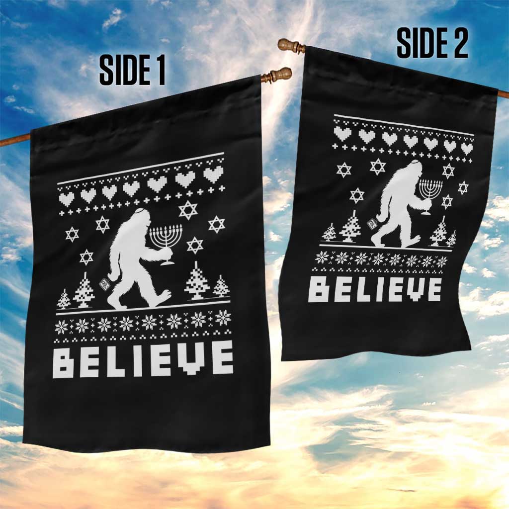 Funny Hanukkah Bigfoot Garden Flag Believe Ugly Sweater Jewish Holiday Gift - Wonder Print Shop