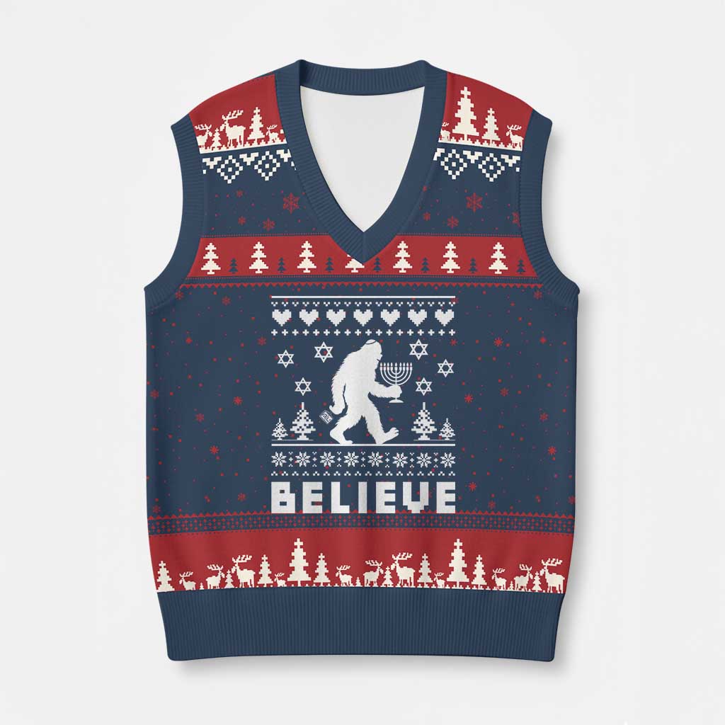 Funny Hanukkah Bigfoot V-Neck Knit Sweater Vest Believe Ugly Sweater Jewish Holiday Gift - Wonder Print Shop