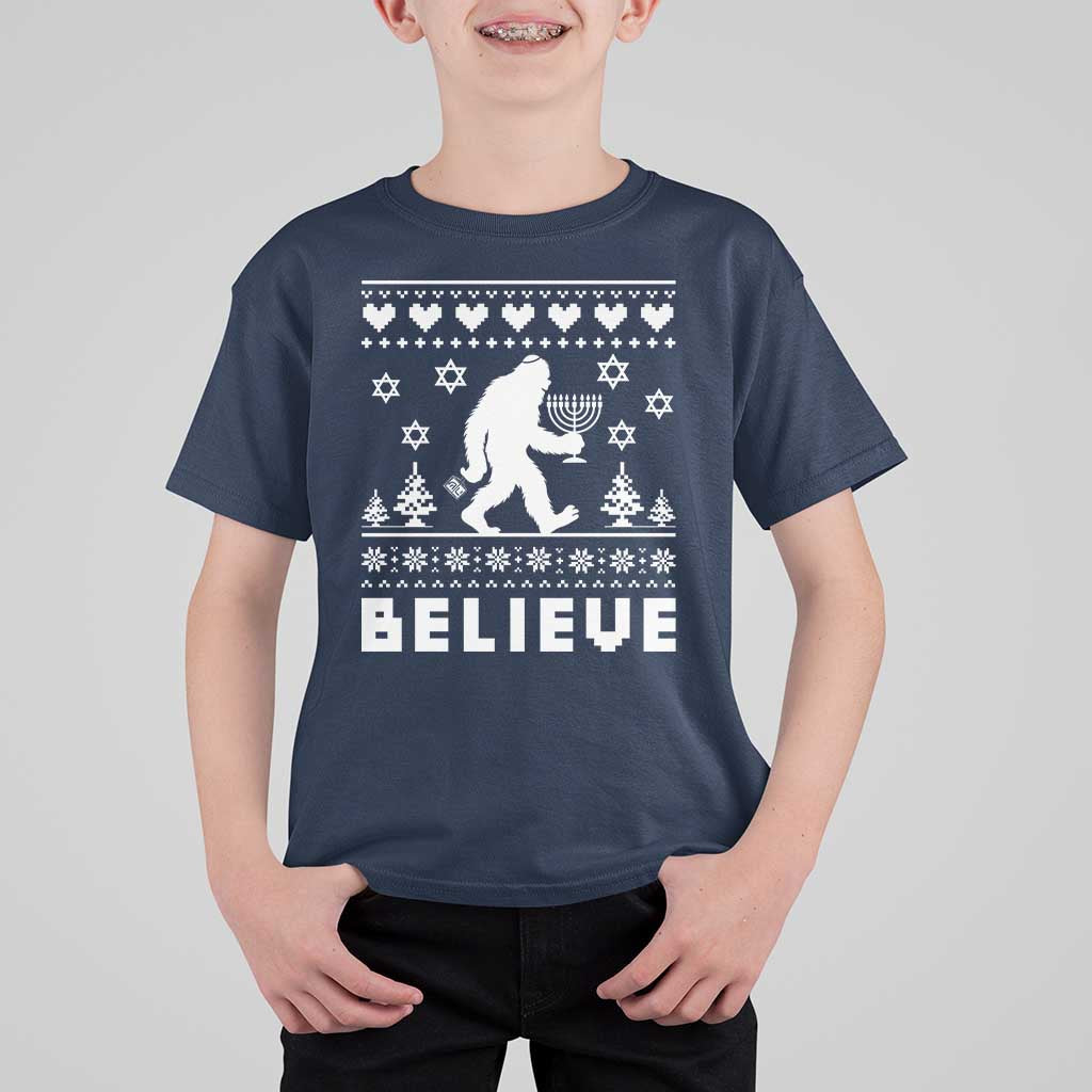 Funny Hanukkah Bigfoot T Shirt For Kid Believe Ugly Sweater Jewish Holiday Gift - Wonder Print Shop