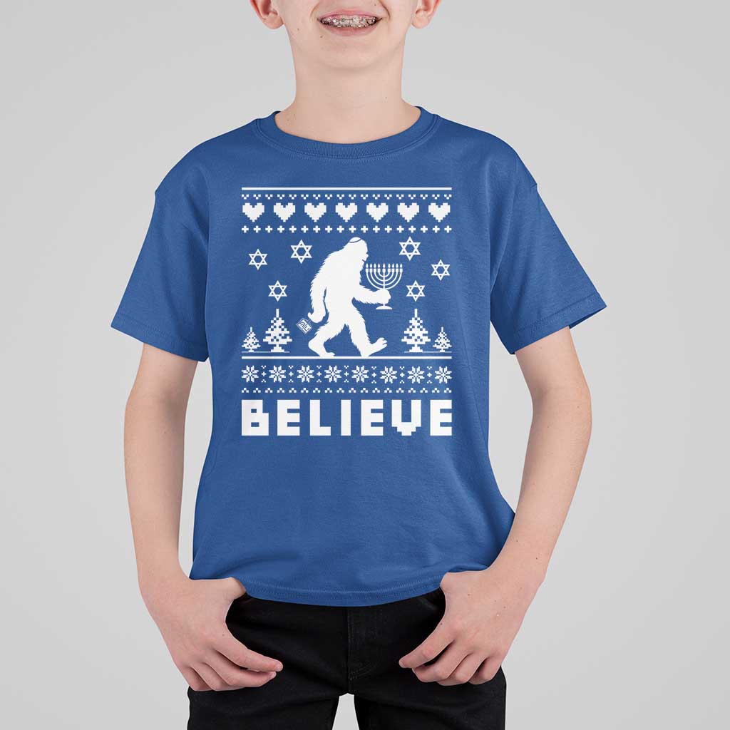 Funny Hanukkah Bigfoot T Shirt For Kid Believe Ugly Sweater Jewish Holiday Gift - Wonder Print Shop