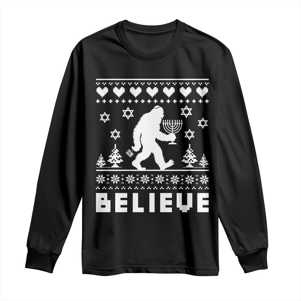 Funny Hanukkah Bigfoot Long Sleeve Shirt Believe Ugly Sweater Jewish Holiday Gift - Wonder Print Shop