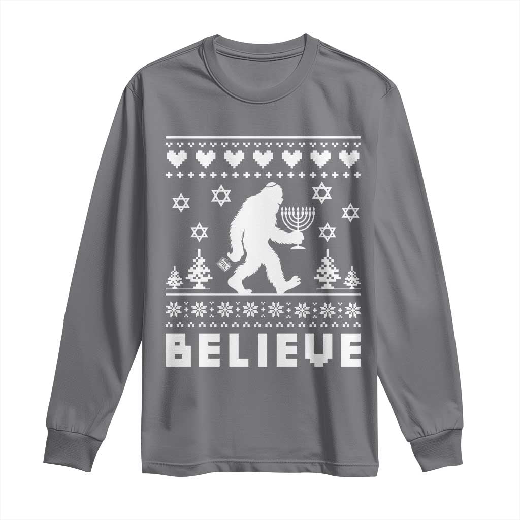 Funny Hanukkah Bigfoot Long Sleeve Shirt Believe Ugly Sweater Jewish Holiday Gift - Wonder Print Shop
