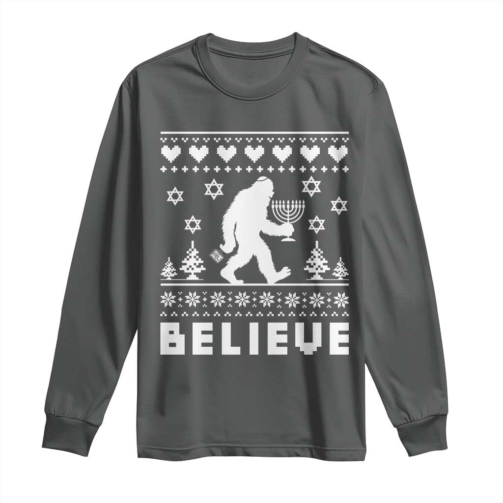 Funny Hanukkah Bigfoot Long Sleeve Shirt Believe Ugly Sweater Jewish Holiday Gift - Wonder Print Shop