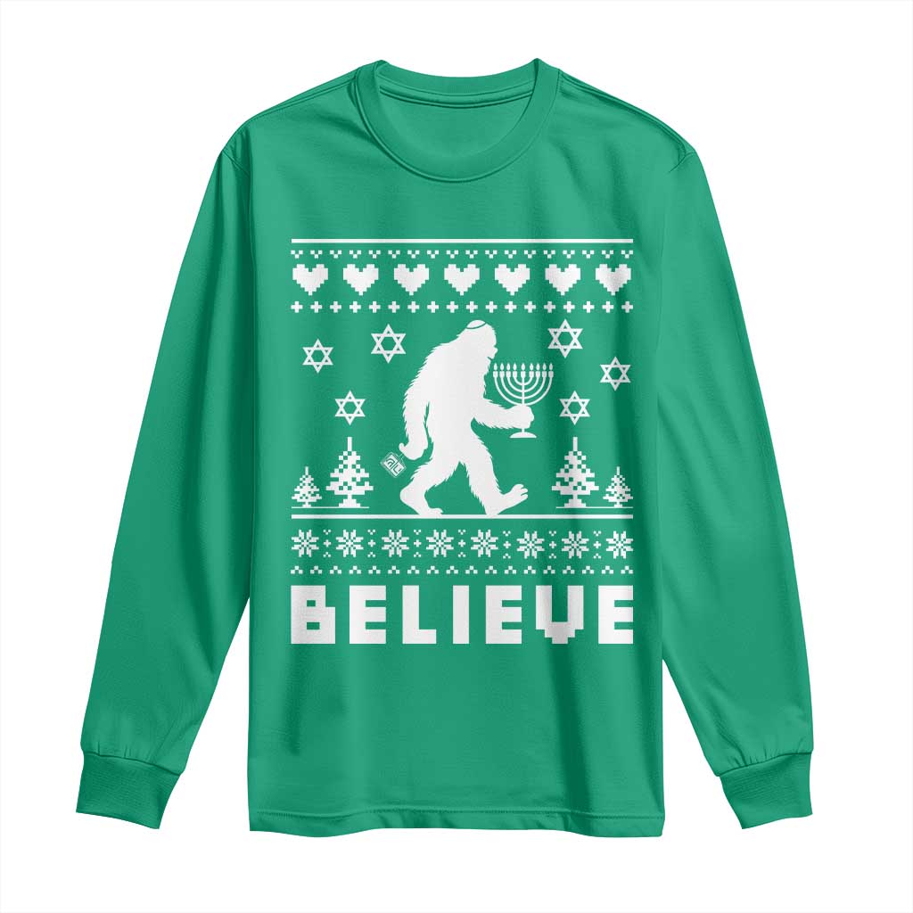 Funny Hanukkah Bigfoot Long Sleeve Shirt Believe Ugly Sweater Jewish Holiday Gift - Wonder Print Shop