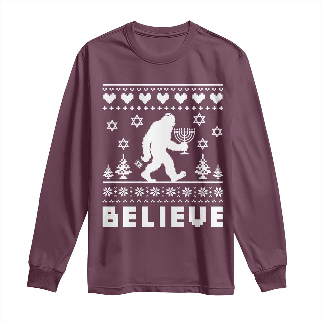 Funny Hanukkah Bigfoot Long Sleeve Shirt Believe Ugly Sweater Jewish Holiday Gift - Wonder Print Shop