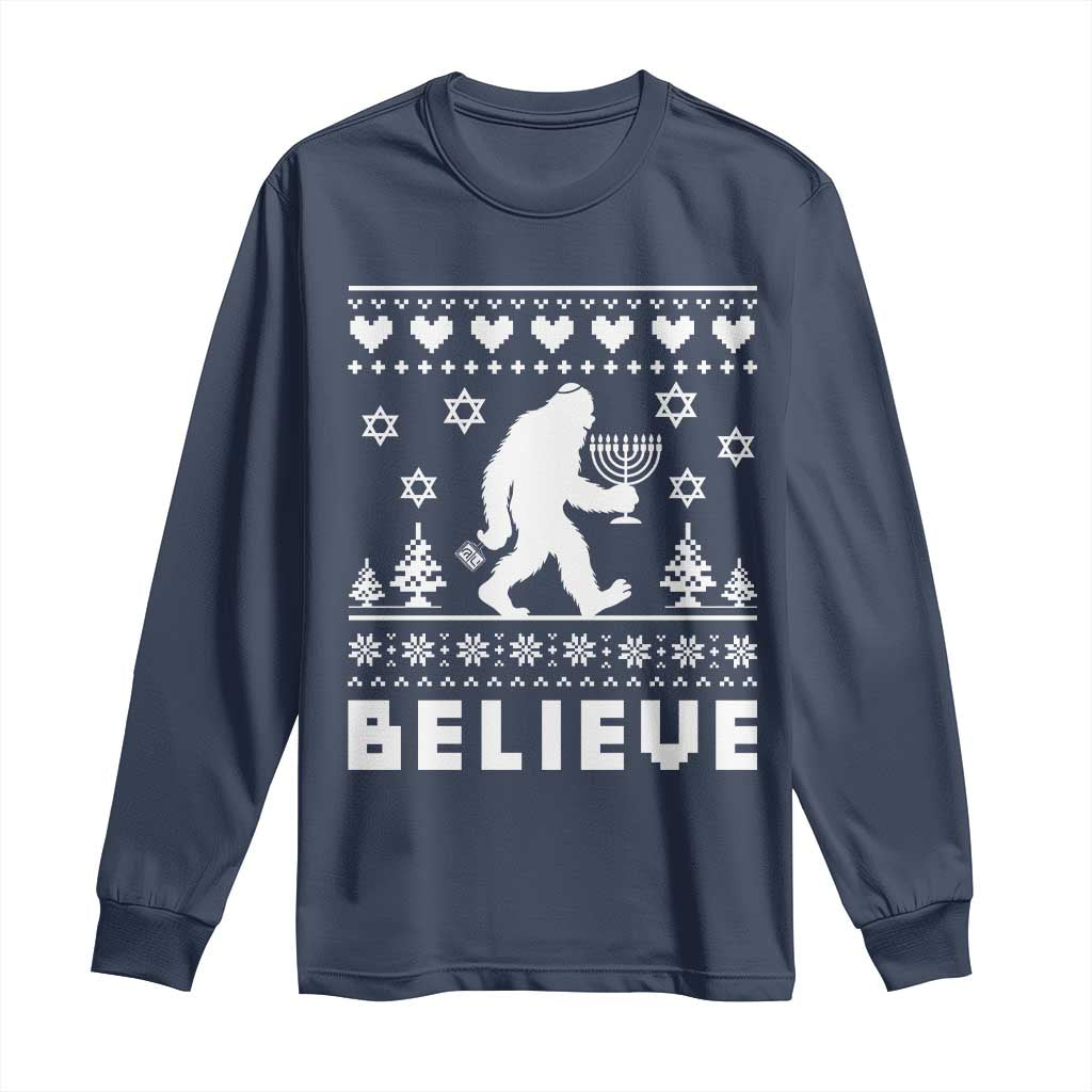 Funny Hanukkah Bigfoot Long Sleeve Shirt Believe Ugly Sweater Jewish Holiday Gift - Wonder Print Shop