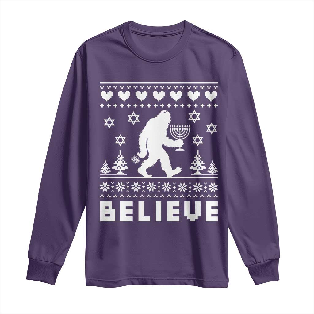 Funny Hanukkah Bigfoot Long Sleeve Shirt Believe Ugly Sweater Jewish Holiday Gift - Wonder Print Shop