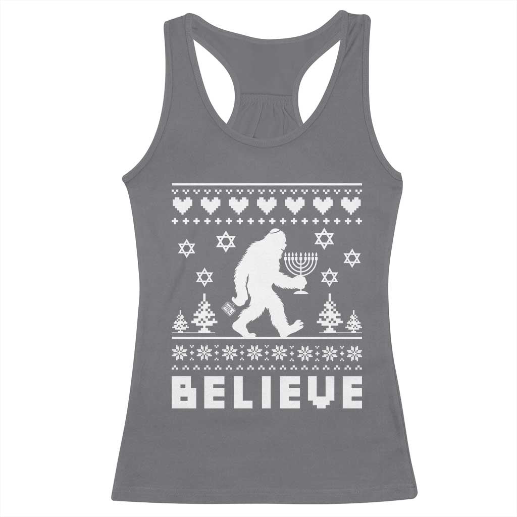Funny Hanukkah Bigfoot Racerback Tank Top Believe Ugly Sweater Jewish Holiday Gift - Wonder Print Shop