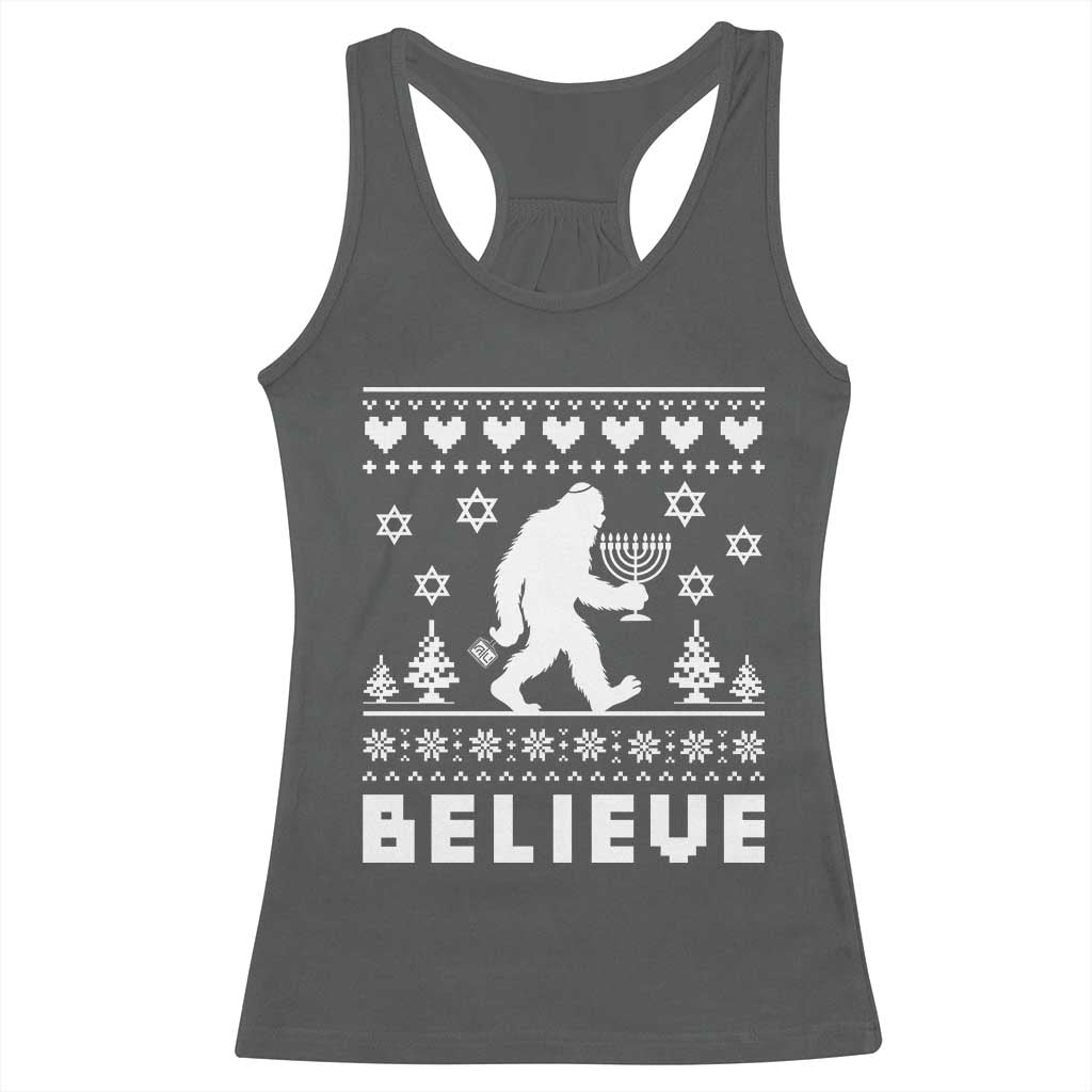 Funny Hanukkah Bigfoot Racerback Tank Top Believe Ugly Sweater Jewish Holiday Gift - Wonder Print Shop