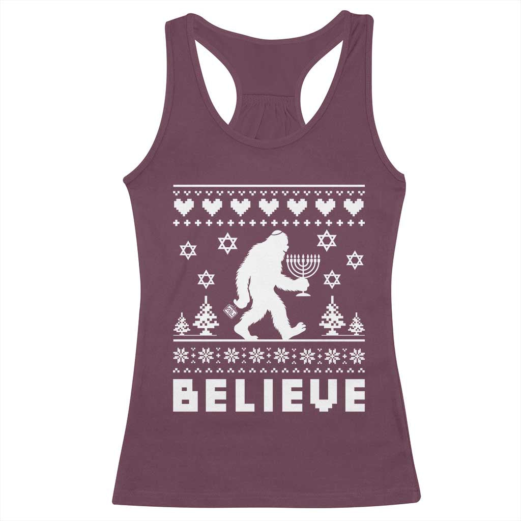 Funny Hanukkah Bigfoot Racerback Tank Top Believe Ugly Sweater Jewish Holiday Gift - Wonder Print Shop