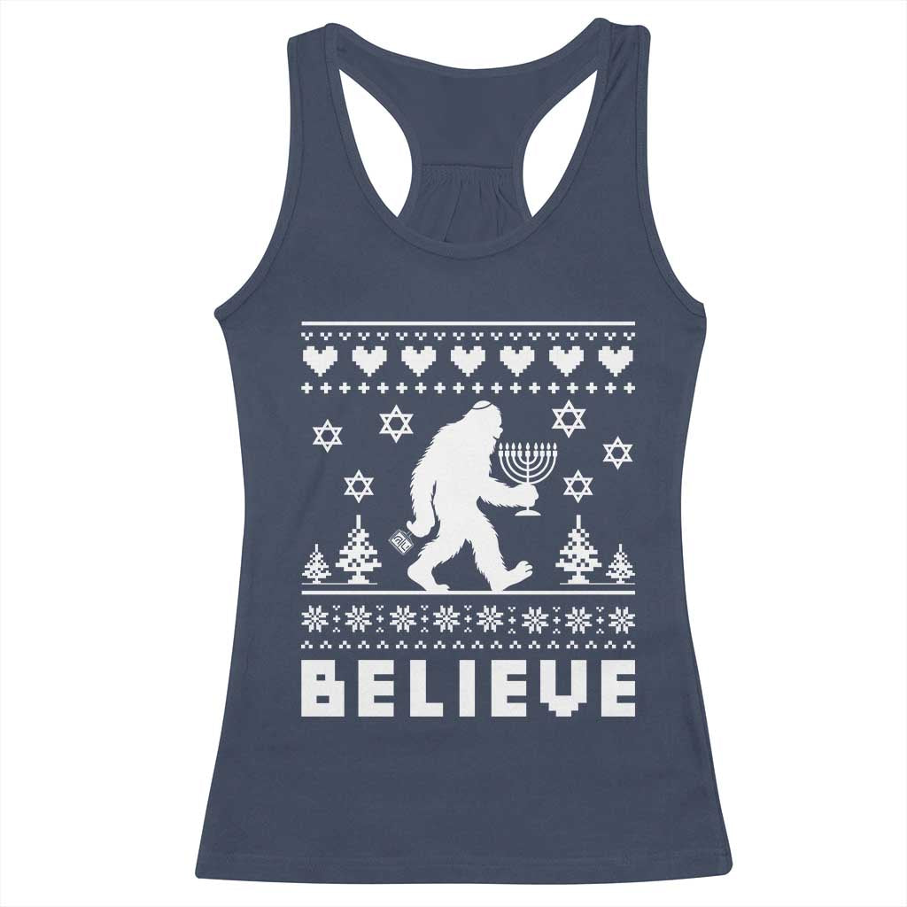 Funny Hanukkah Bigfoot Racerback Tank Top Believe Ugly Sweater Jewish Holiday Gift - Wonder Print Shop