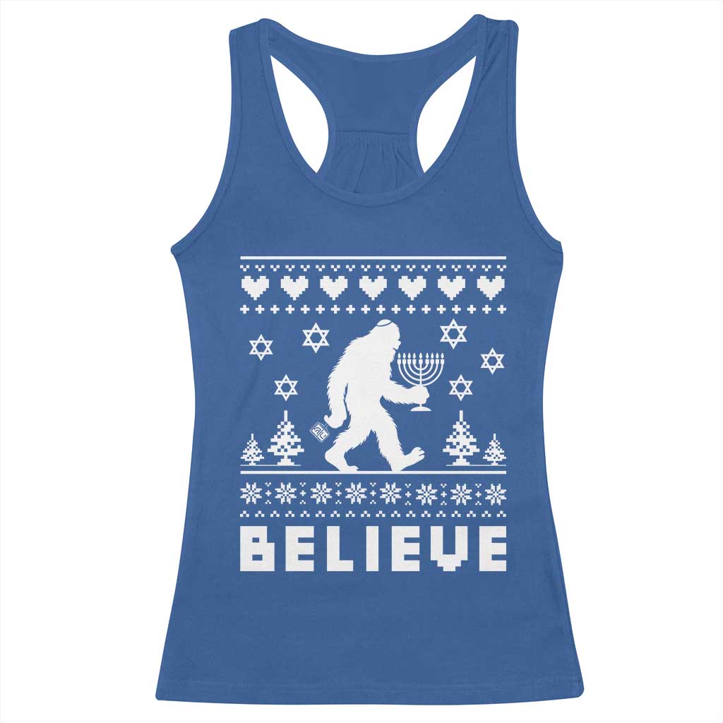 Funny Hanukkah Bigfoot Racerback Tank Top Believe Ugly Sweater Jewish Holiday Gift - Wonder Print Shop