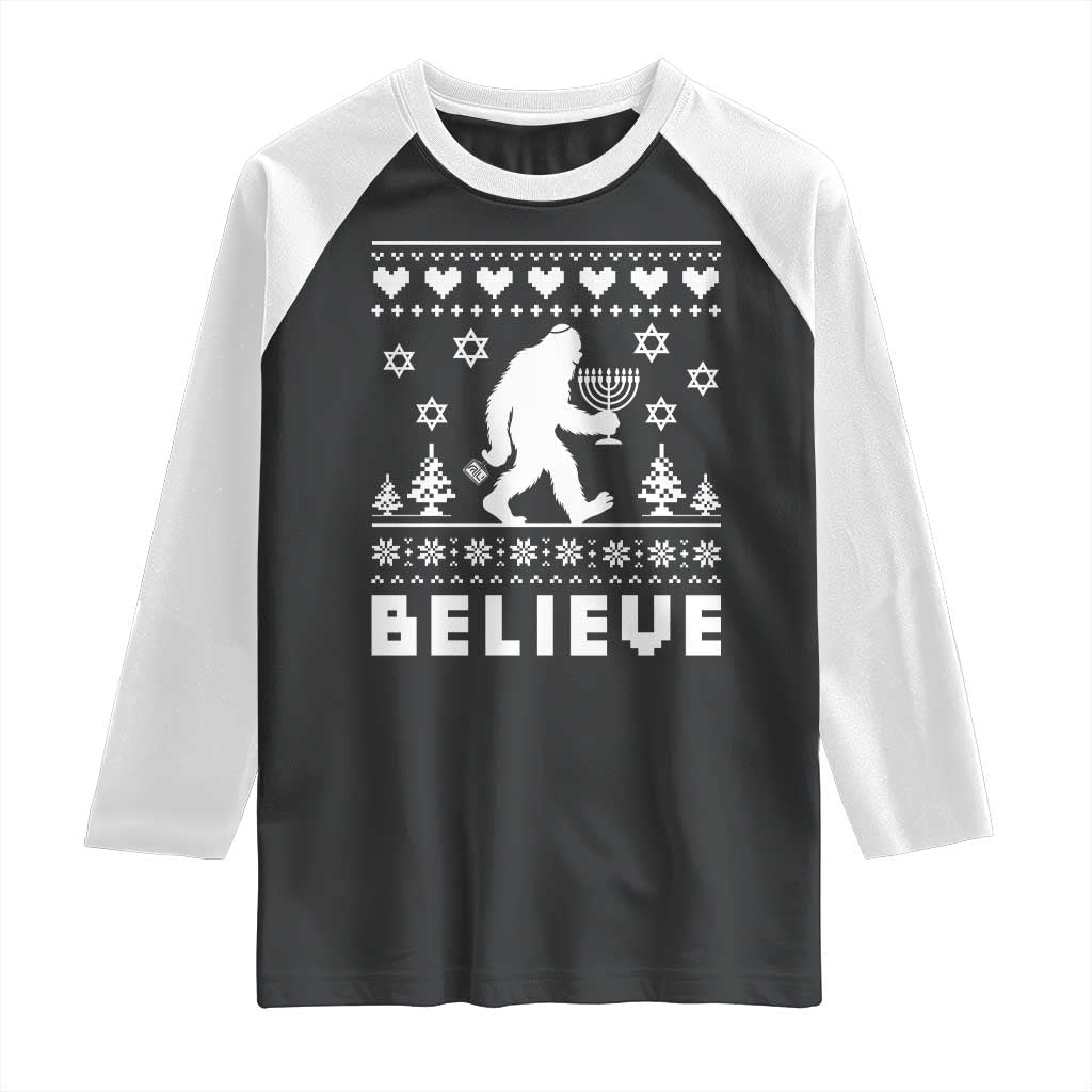Funny Hanukkah Bigfoot Raglan Shirt Believe Ugly Sweater Jewish Holiday Gift - Wonder Print Shop