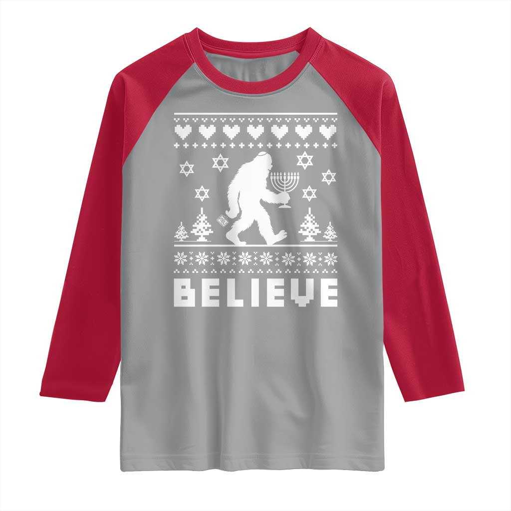 Funny Hanukkah Bigfoot Raglan Shirt Believe Ugly Sweater Jewish Holiday Gift - Wonder Print Shop