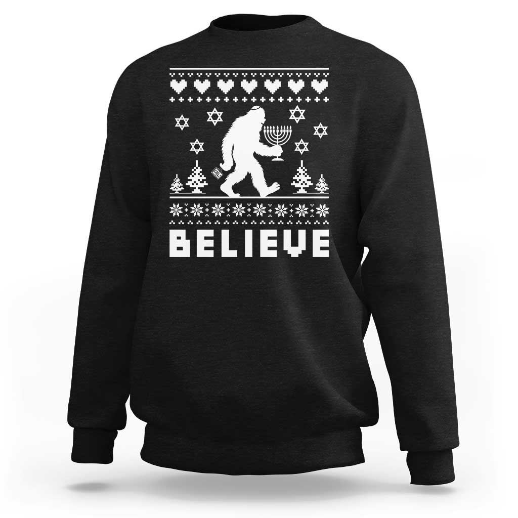 Funny Hanukkah Bigfoot Sweatshirt Believe Ugly Sweater Jewish Holiday Gift - Wonder Print Shop