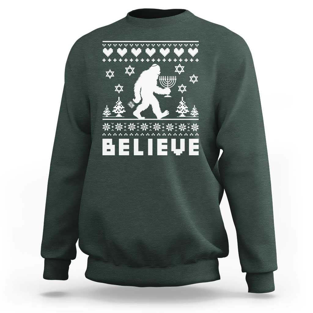 Funny Hanukkah Bigfoot Sweatshirt Believe Ugly Sweater Jewish Holiday Gift - Wonder Print Shop