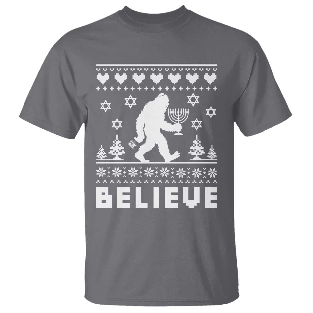 Funny Hanukkah Bigfoot T Shirt Believe Ugly Sweater Jewish Holiday Gift - Wonder Print Shop